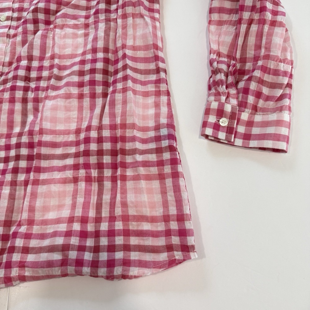 J McLaughlin Pink Plaid Button Shirt Cotton Long Roll Tab Sleeve Classic MEDIUM - Picture 5 of 10